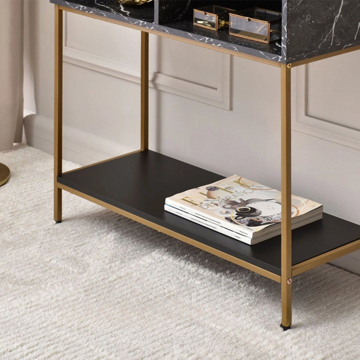 Lana Console Side Table Black Marble Look with Gold Frame