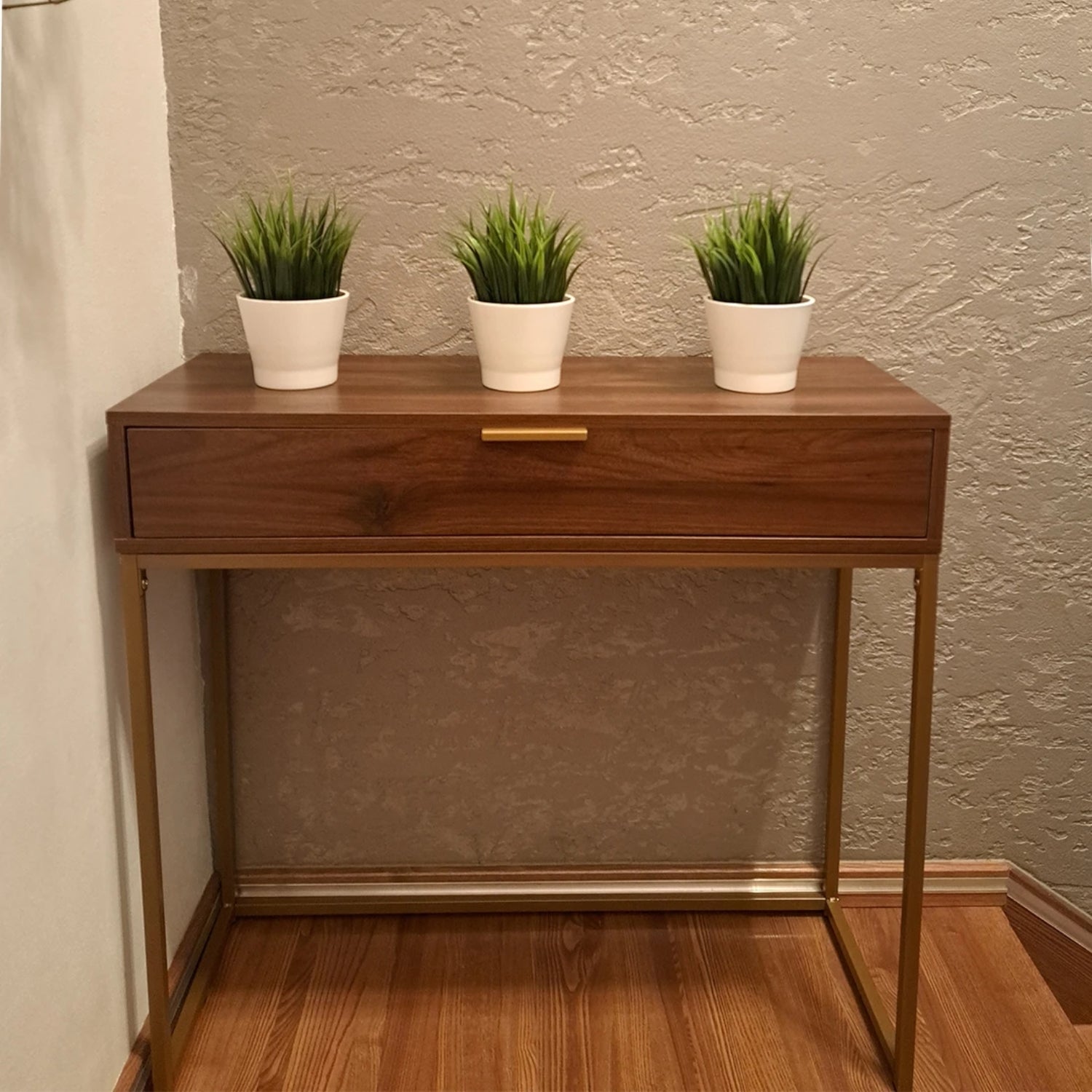 Covet Console Side Table with Drawer – Walnut and Gold Frame