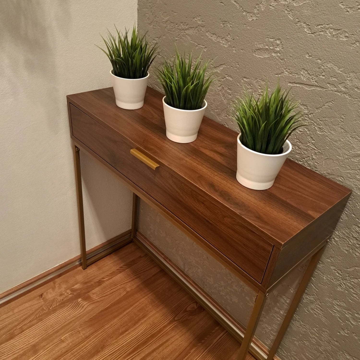 Covet Console Side Table with Drawer – Walnut and Gold Frame