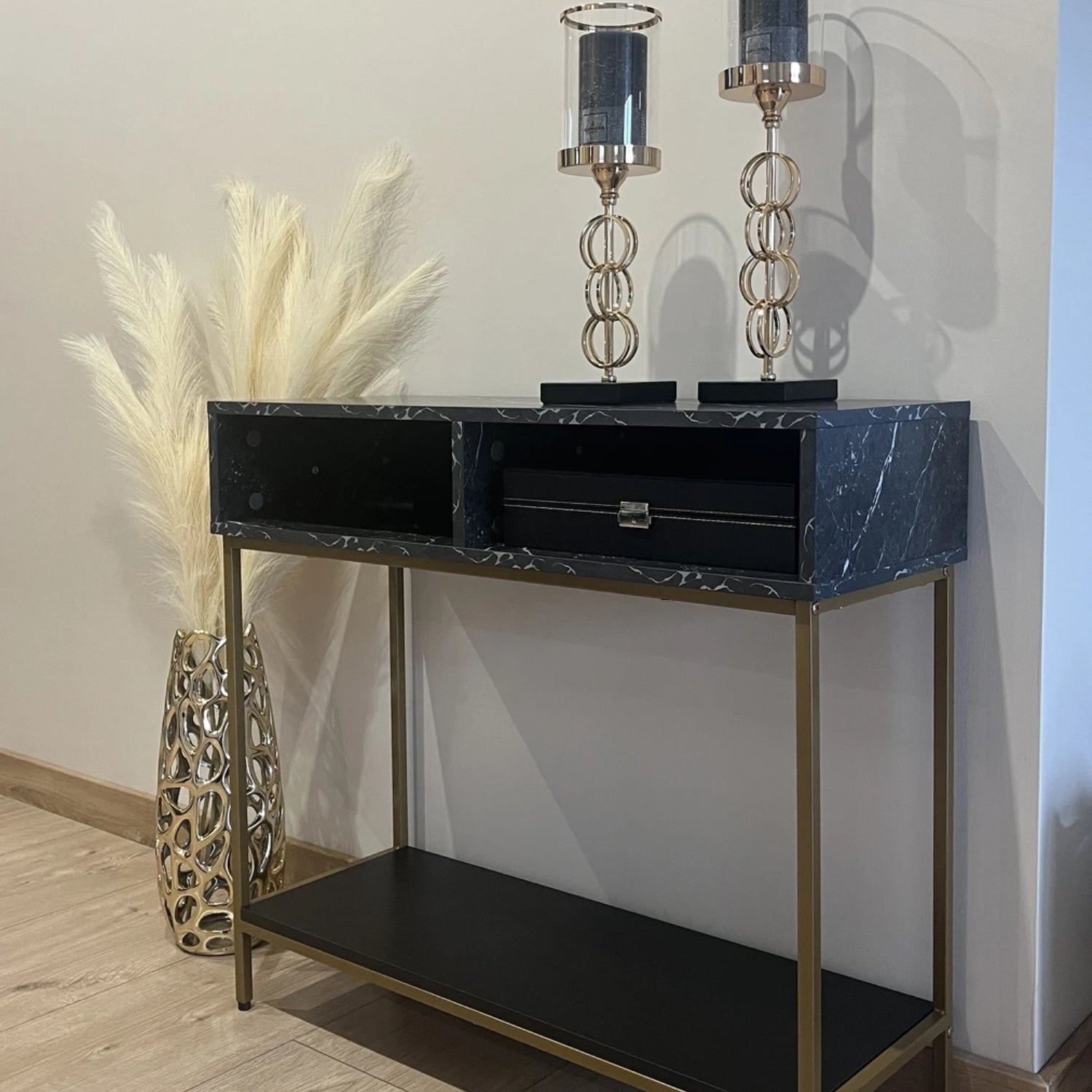 Lana Console Side Table Black Marble Look with Gold Frame