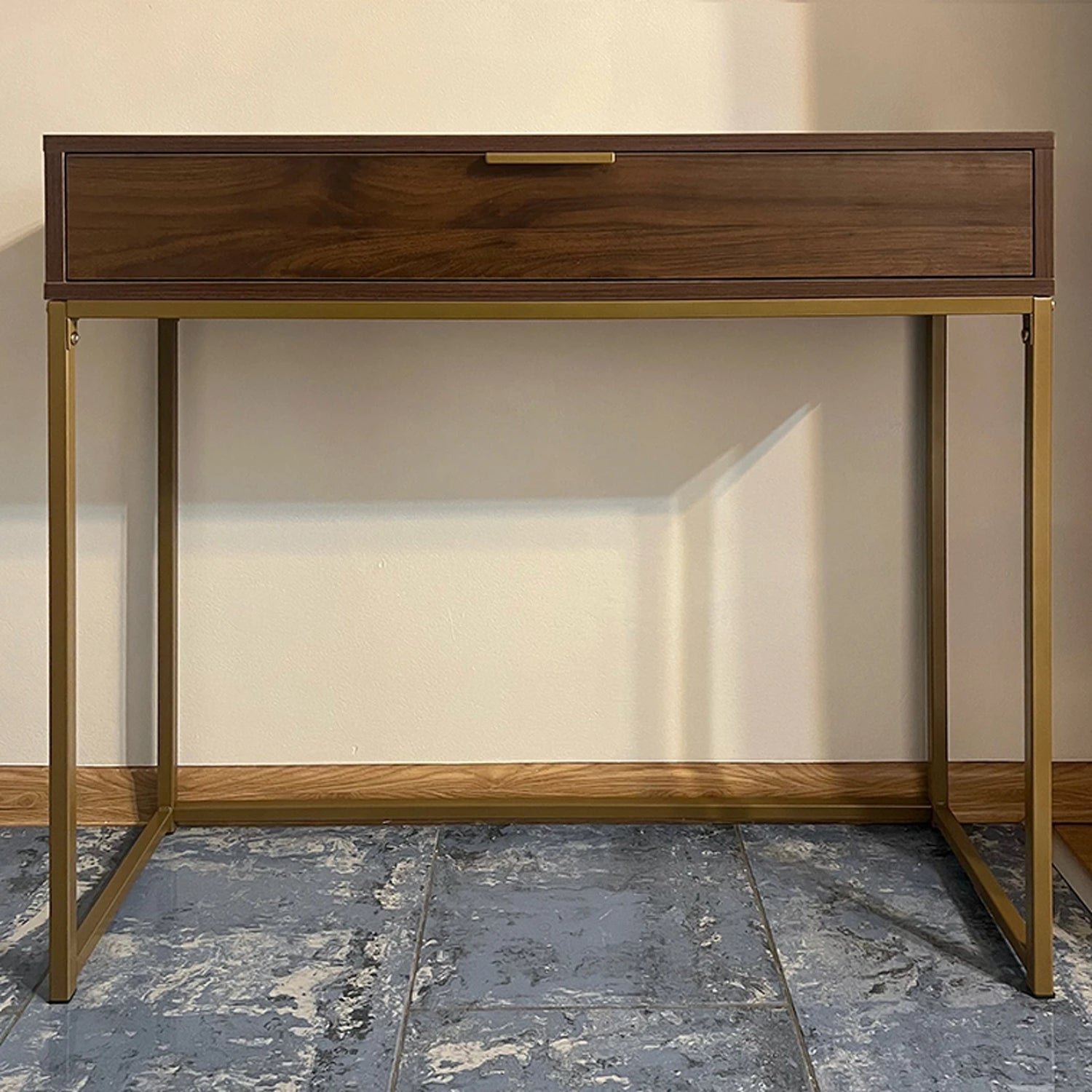 Covet Console Side Table with Drawer – Walnut and Gold Frame