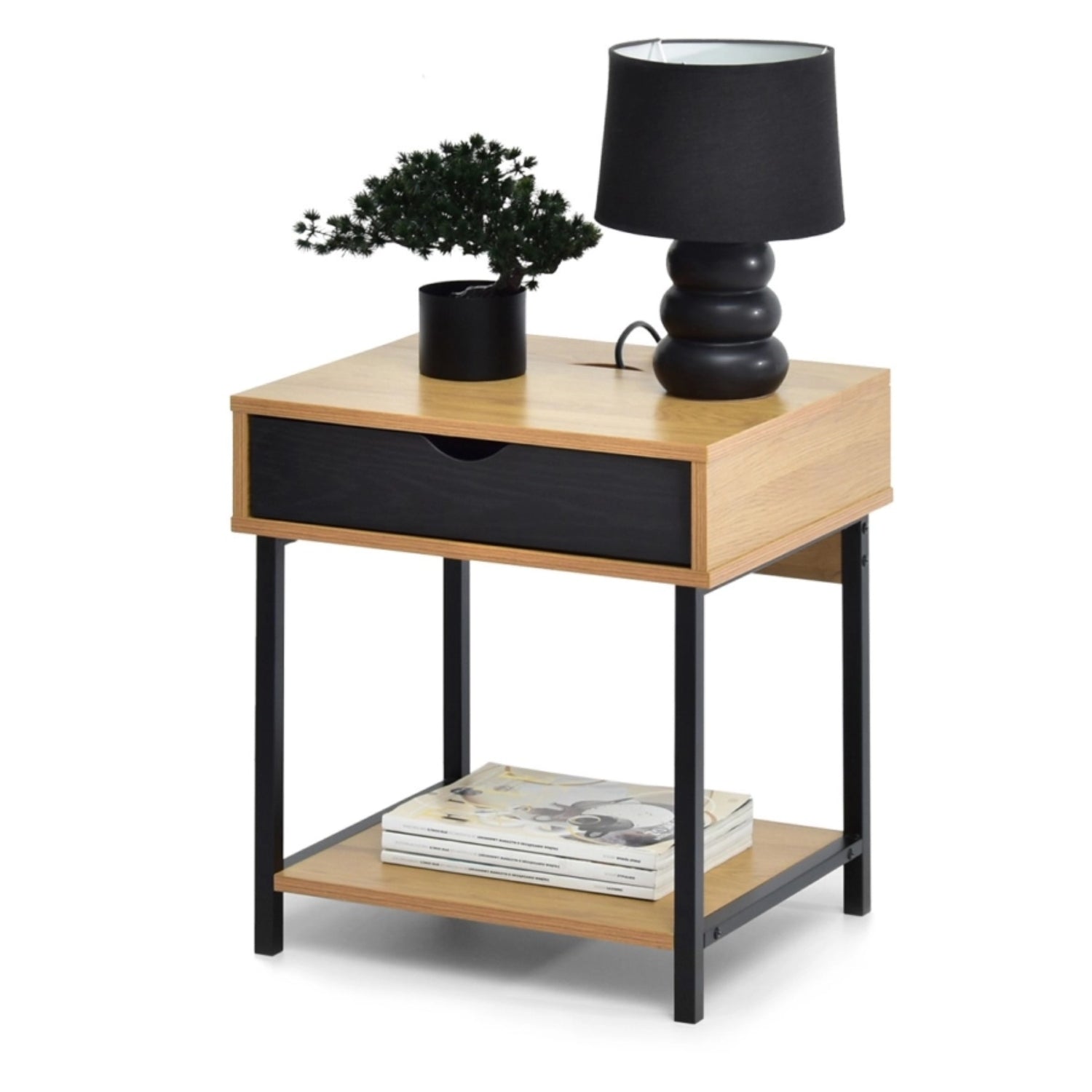 Nelle Oak and Black Bedside Table with USB Ports