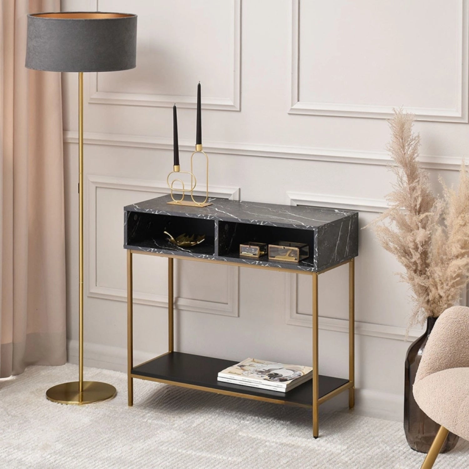 Lana Console Side Table Black Marble Look with Gold Frame