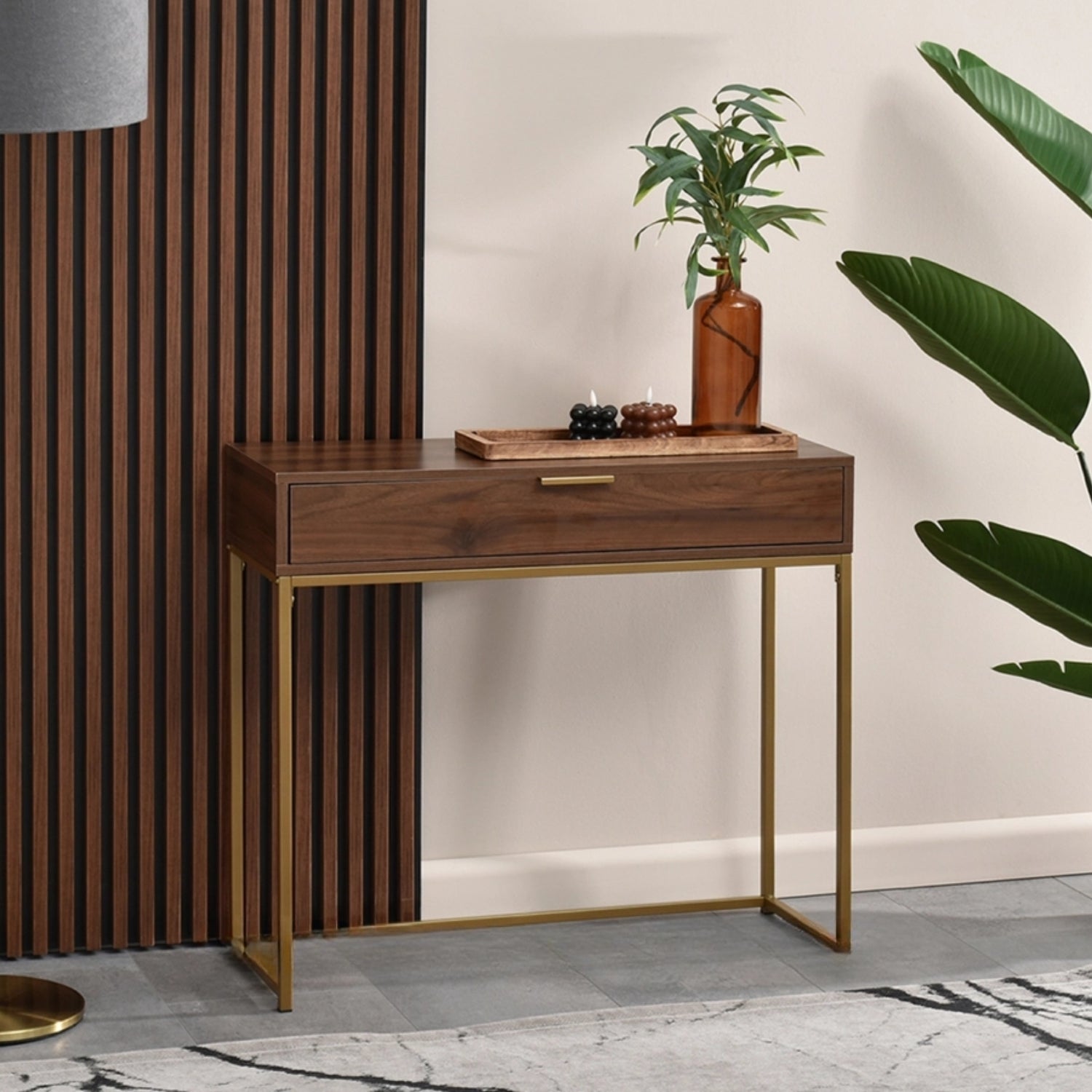 Covet Console Side Table with Drawer – Walnut and Gold Frame