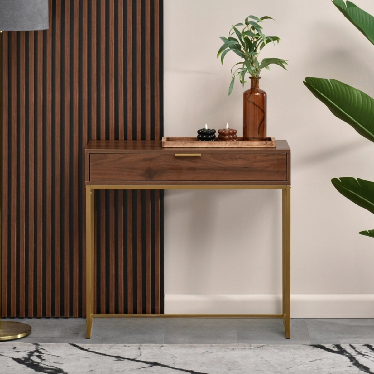 Covet Console Side Table with Drawer – Walnut and Gold Frame