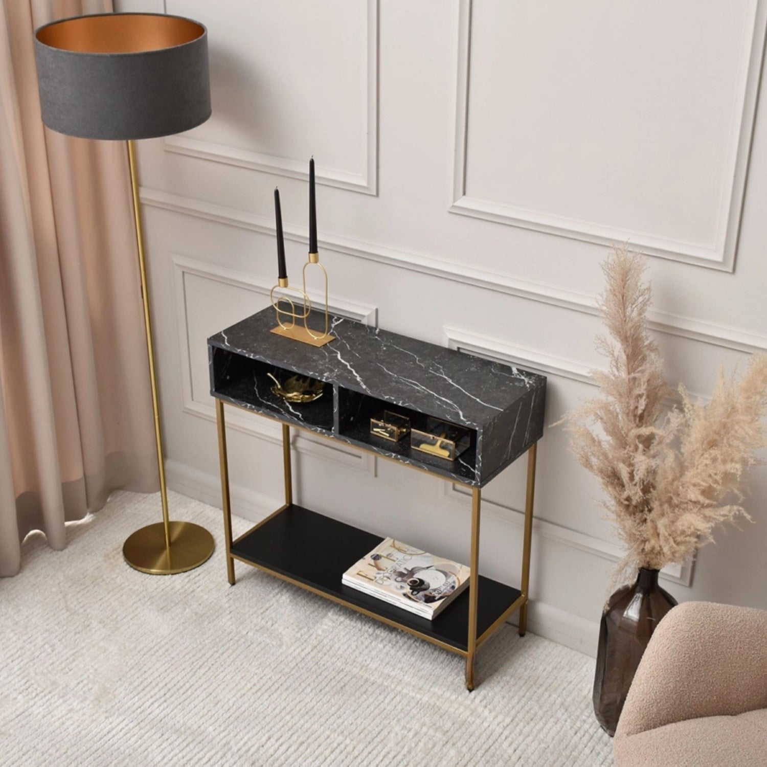 Lana Console Side Table Black Marble Look with Gold Frame