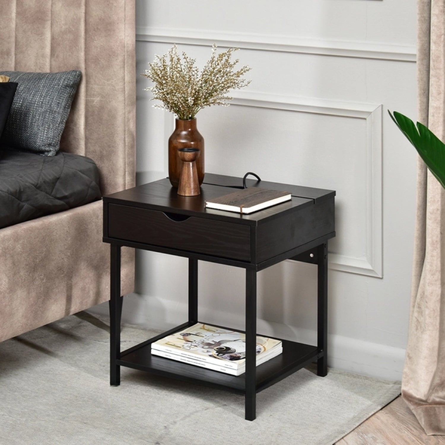 Nelle Black Bedside Table with USB Ports