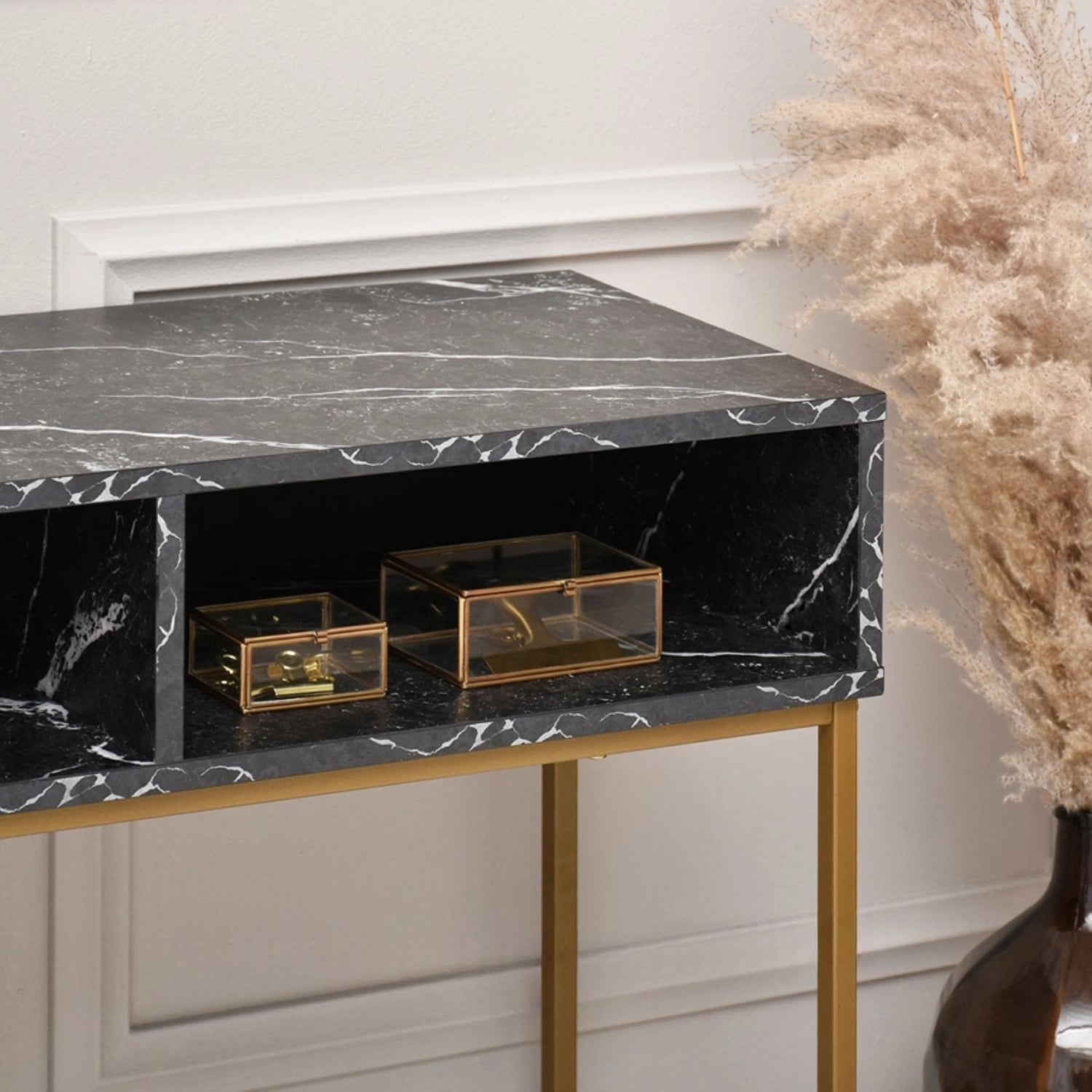 Lana Console Side Table Black Marble Look with Gold Frame