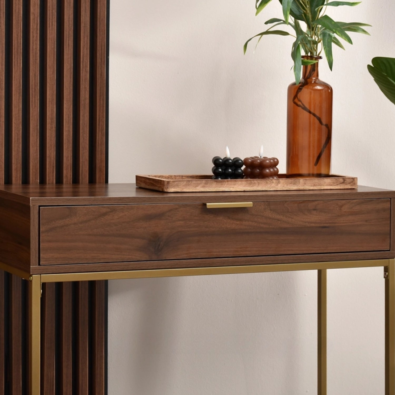 Covet Console Side Table with Drawer – Walnut and Gold Frame