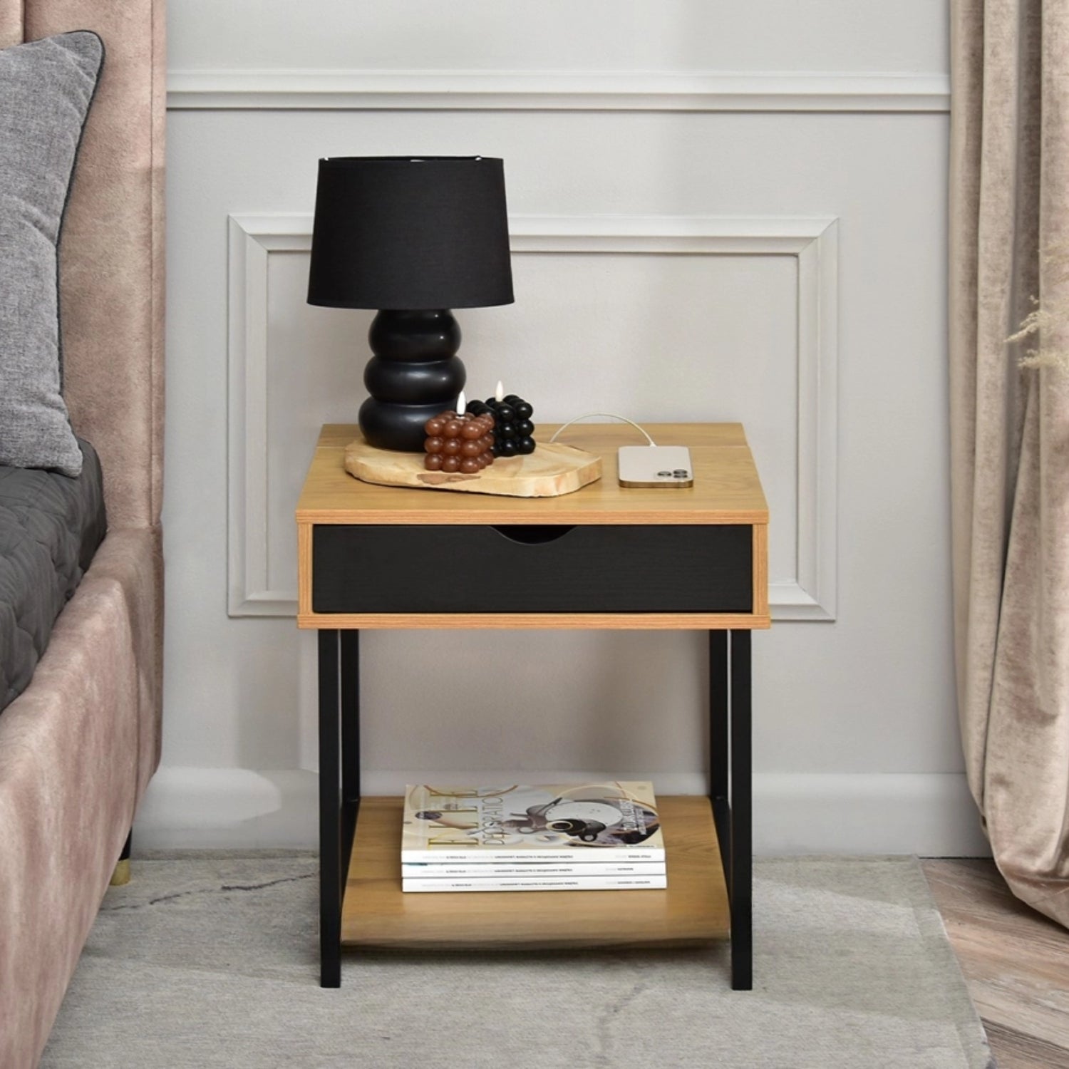 Nelle Oak and Black Bedside Table with USB Ports