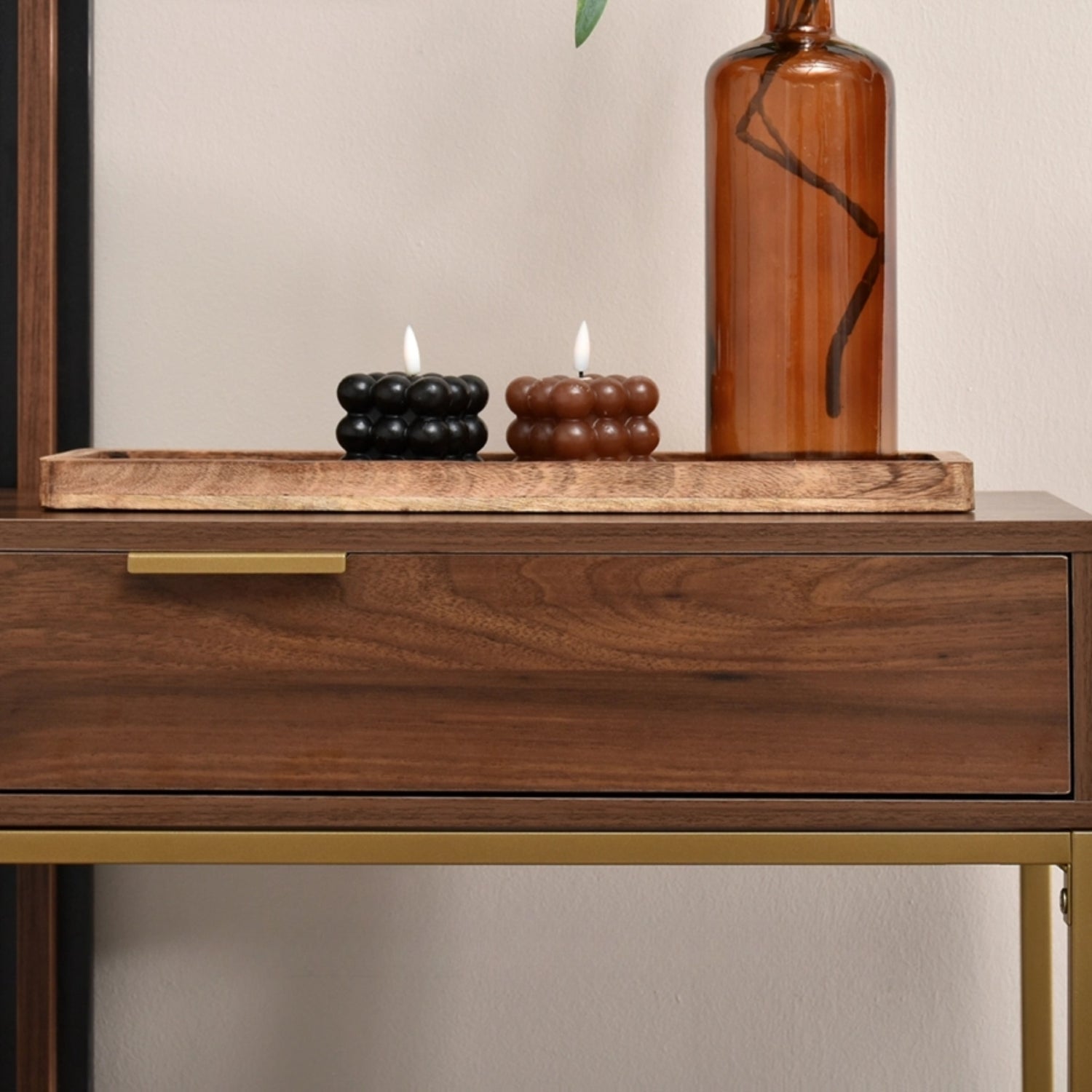 Covet Console Side Table with Drawer – Walnut and Gold Frame