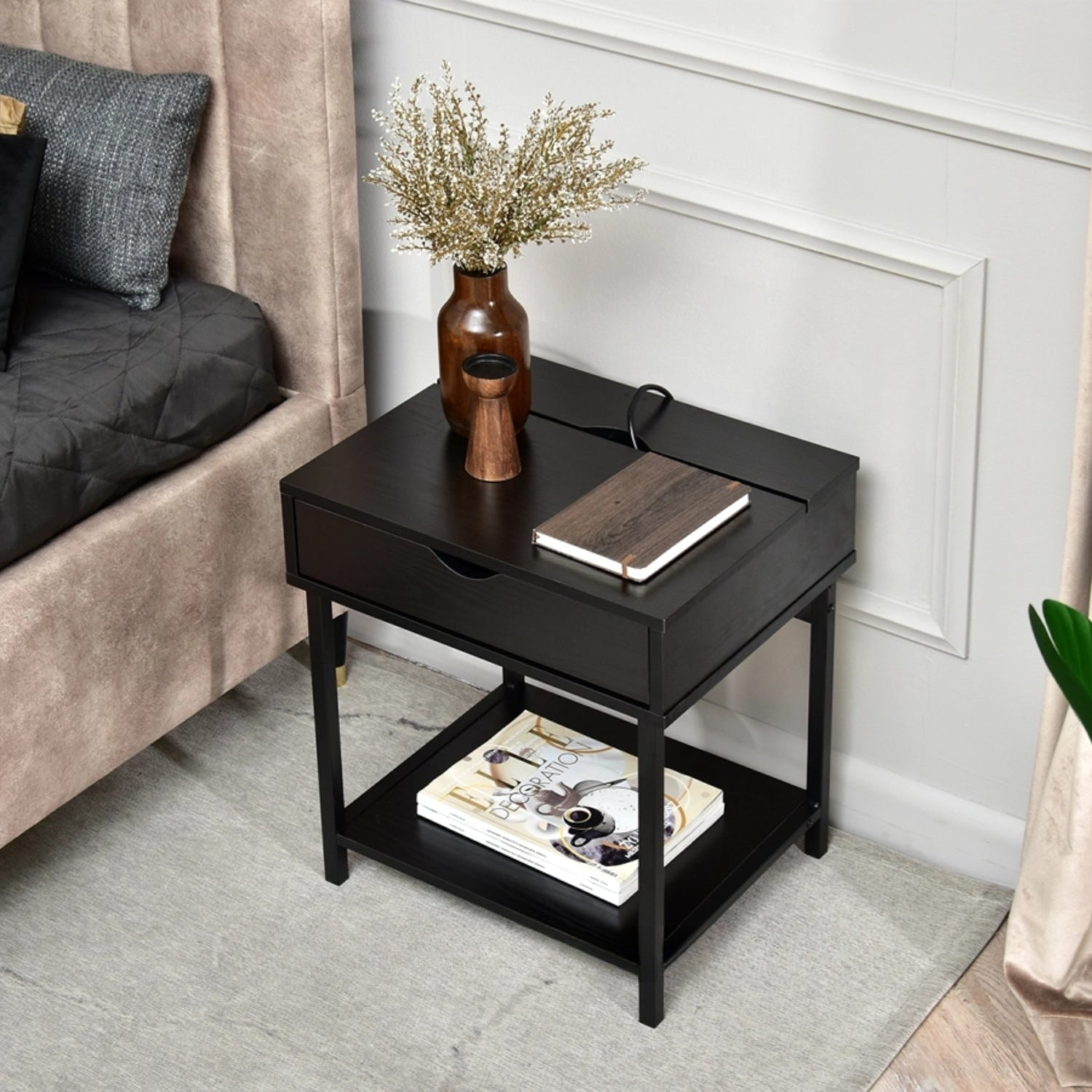 Nelle Black Bedside Table with USB Ports