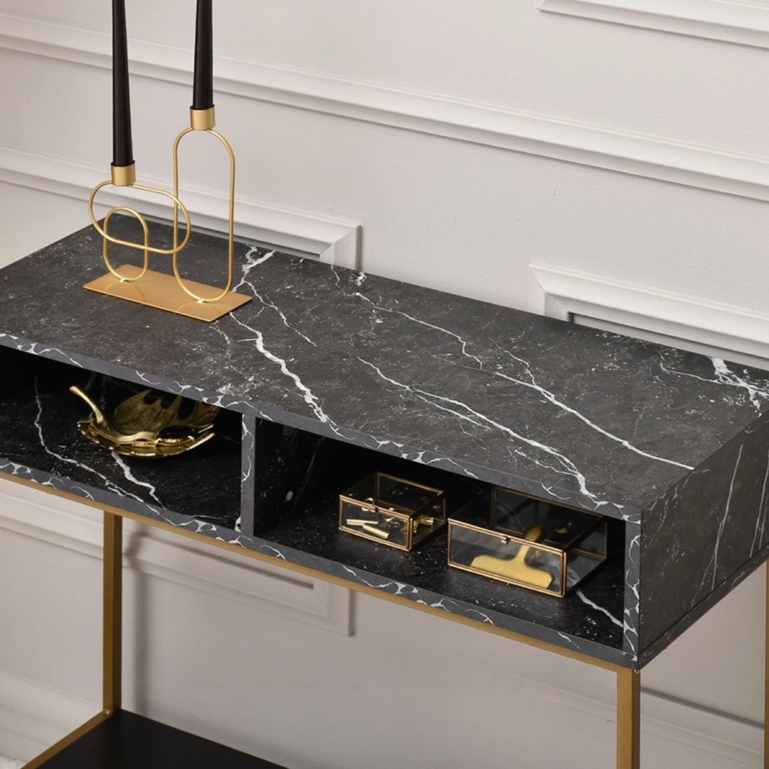 Lana Console Side Table Black Marble Look with Gold Frame