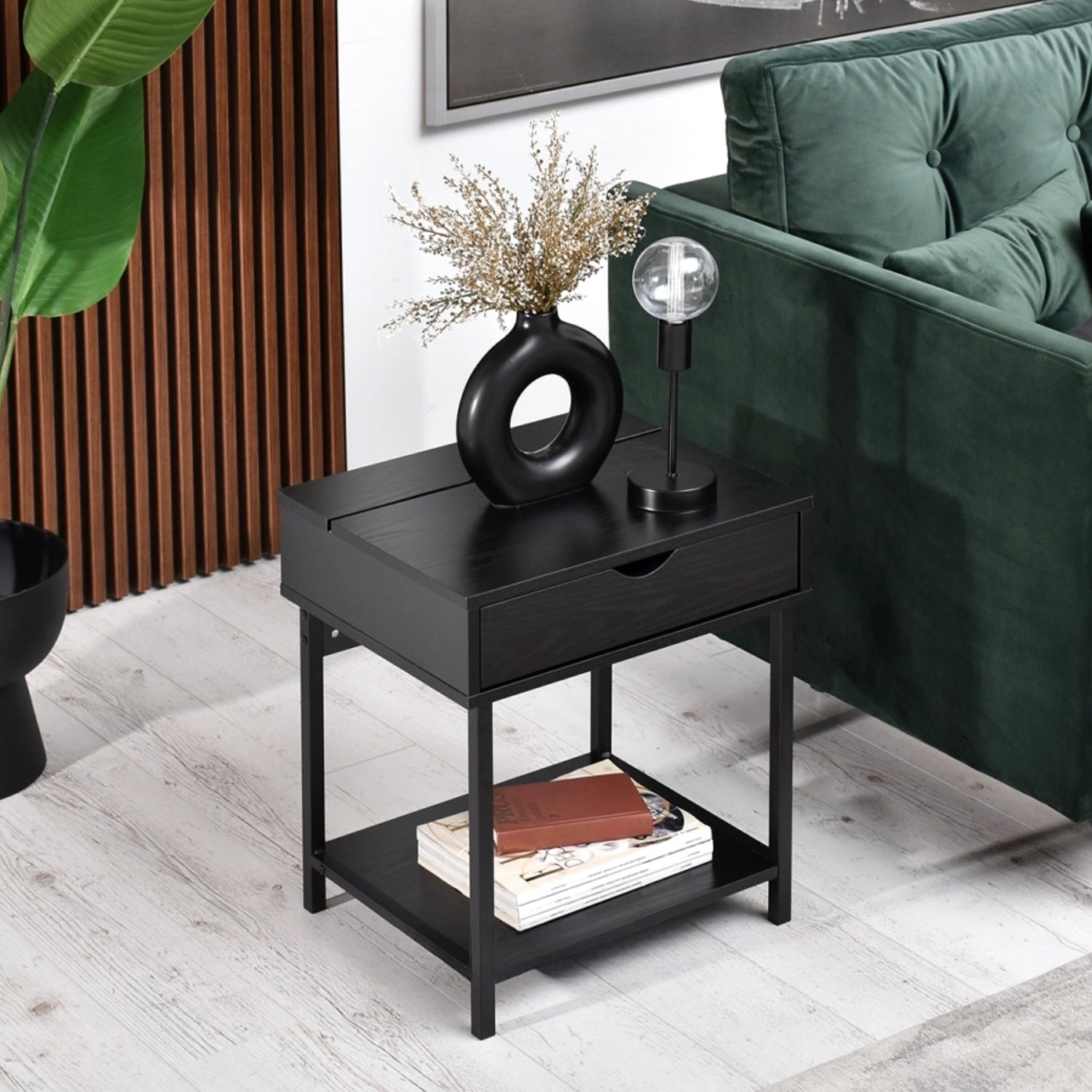 Nelle Black Bedside Table with USB Ports