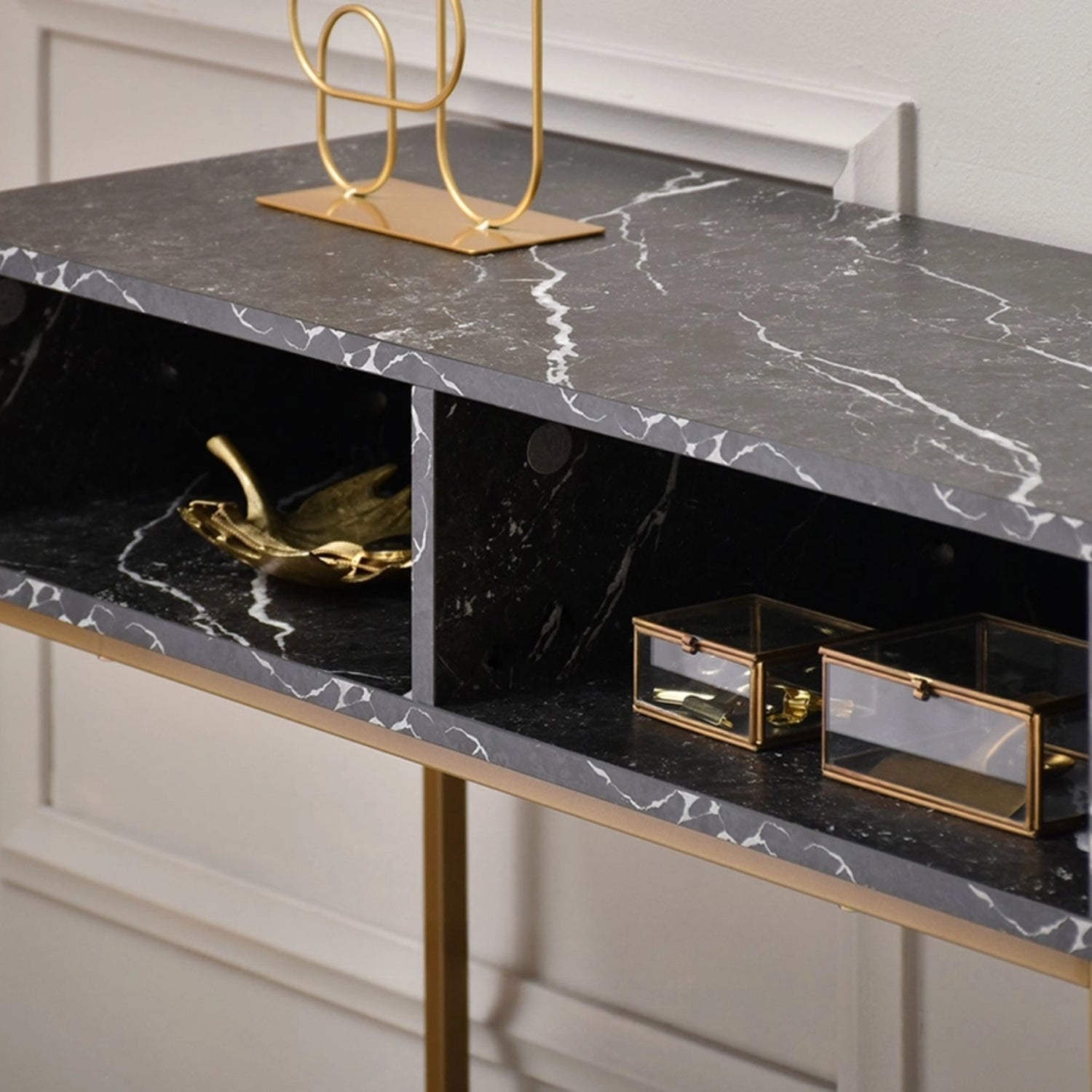 Lana Console Side Table Black Marble Look with Gold Frame