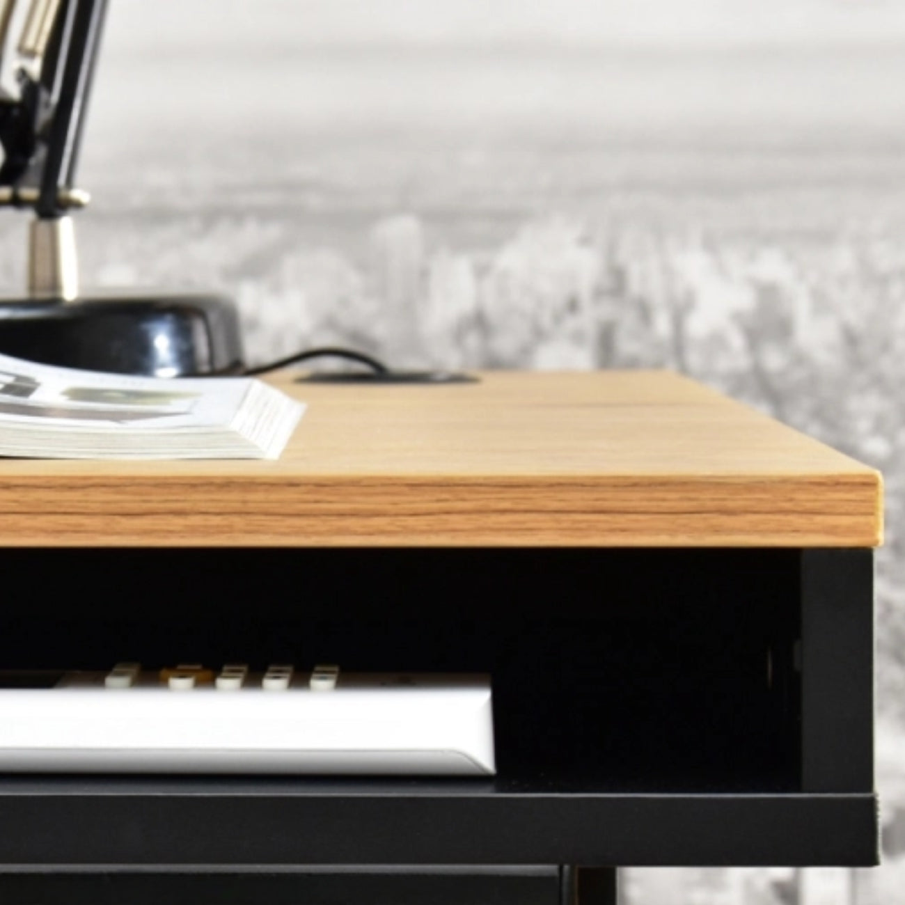 Apex electric standing desk open storage inlet.