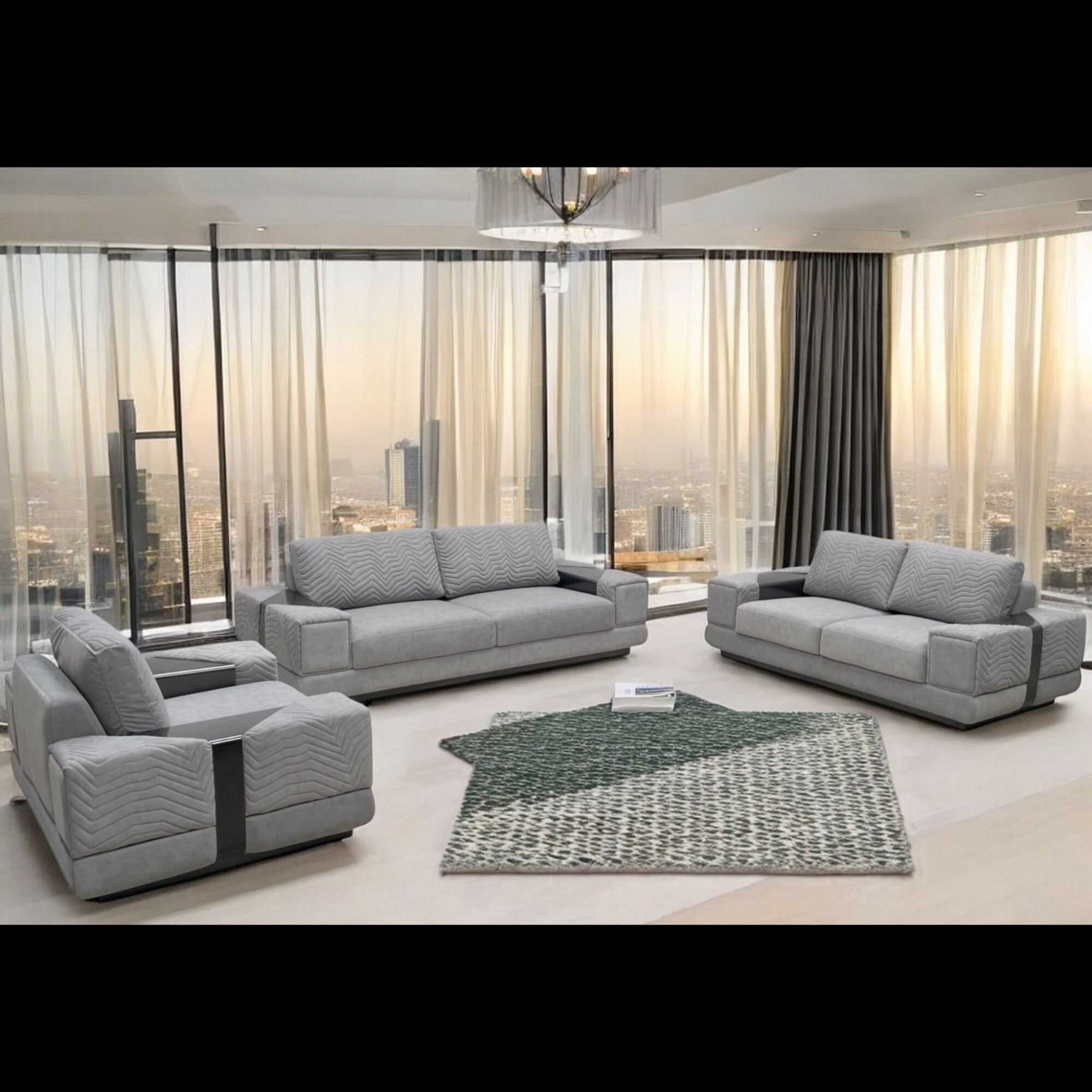 Vela 3 Piece Grey Sofa Set with Satin Grey Trims