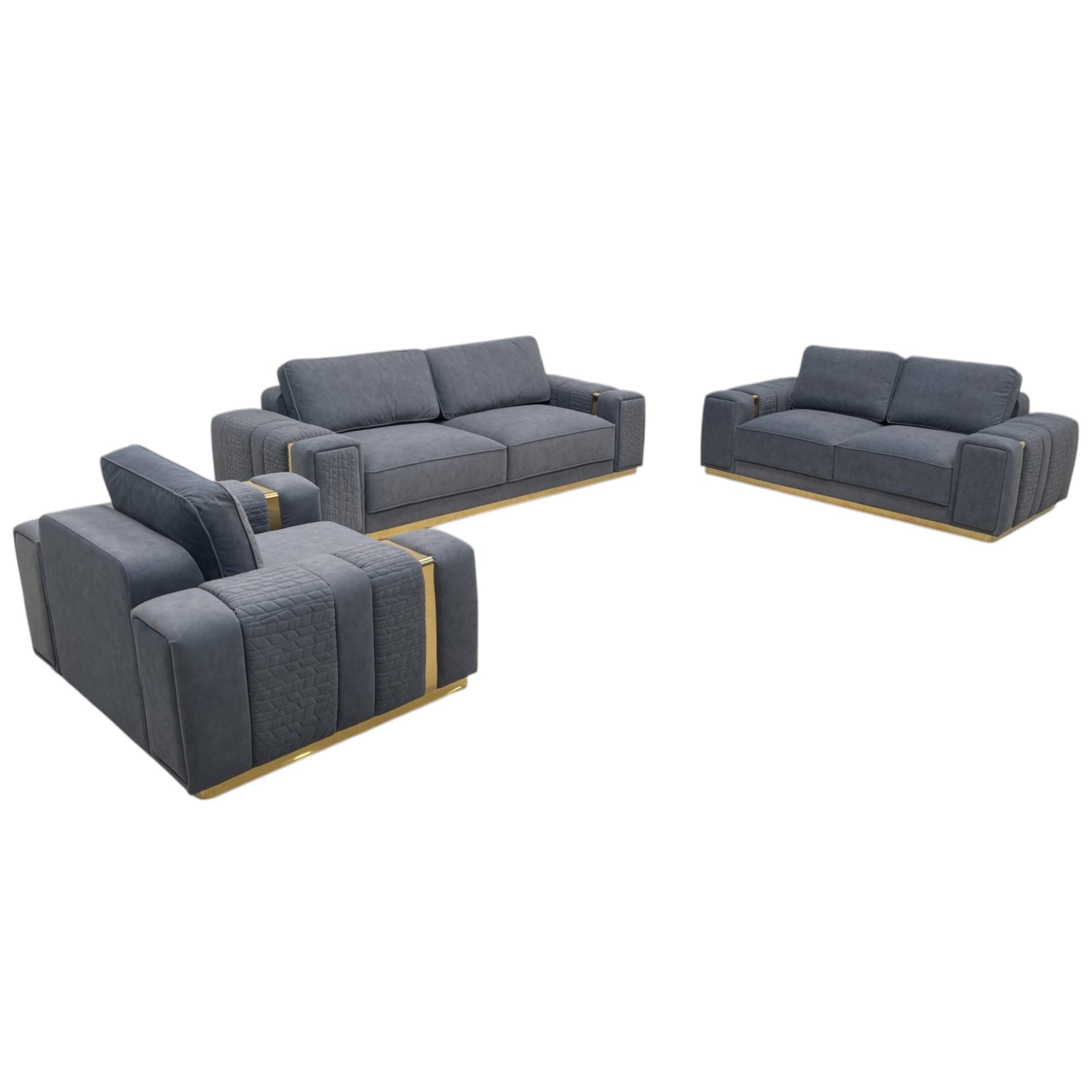 Viola 3 Piece Grey Sofa Set with Gold Trims