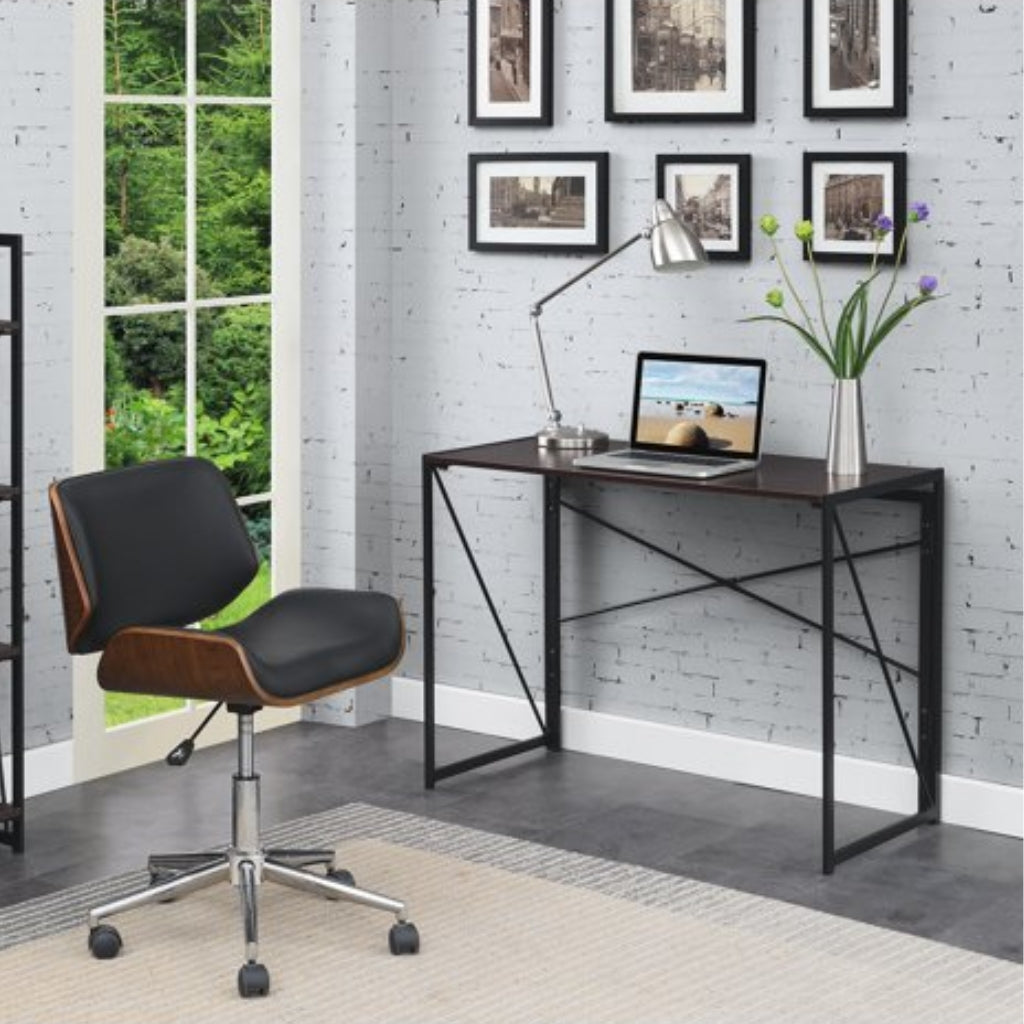 harper no assembly desk black with woodgrain table top in a room with office chair