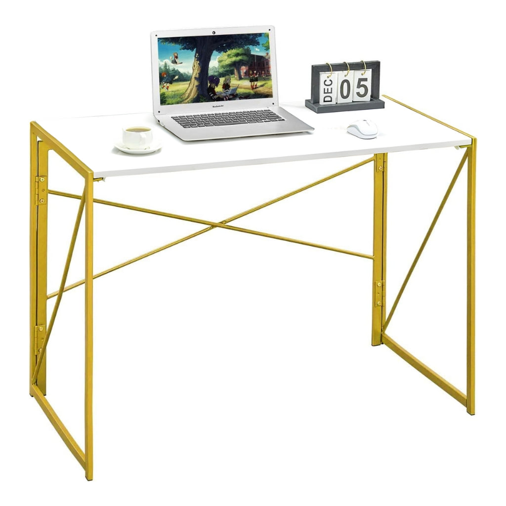 harper no assembly gold frame desk with white wood grain tabletop and laptop on it