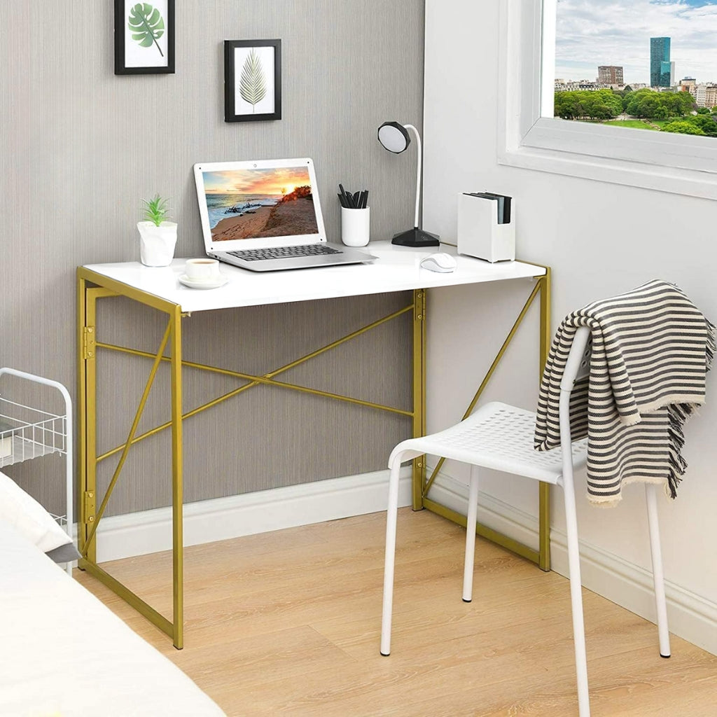 harper no assembly gold frame desk with white wood grain tabletop in a bedroom study section with white chair