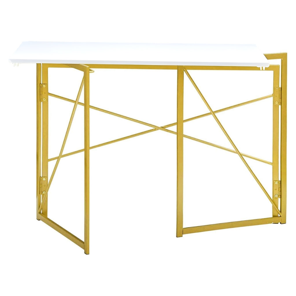 harper no assembly gold frame desk with white wood grain tabletop showing folding legs