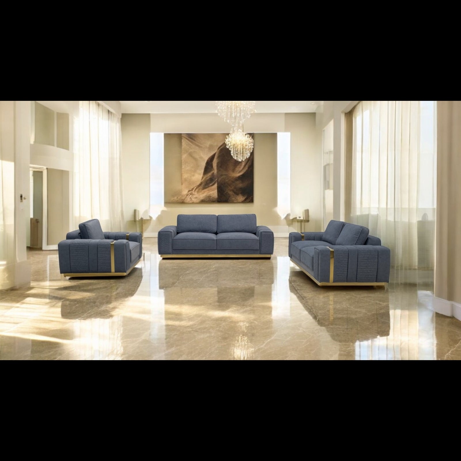 Viola 3 Piece Grey Sofa Set with Gold Trims